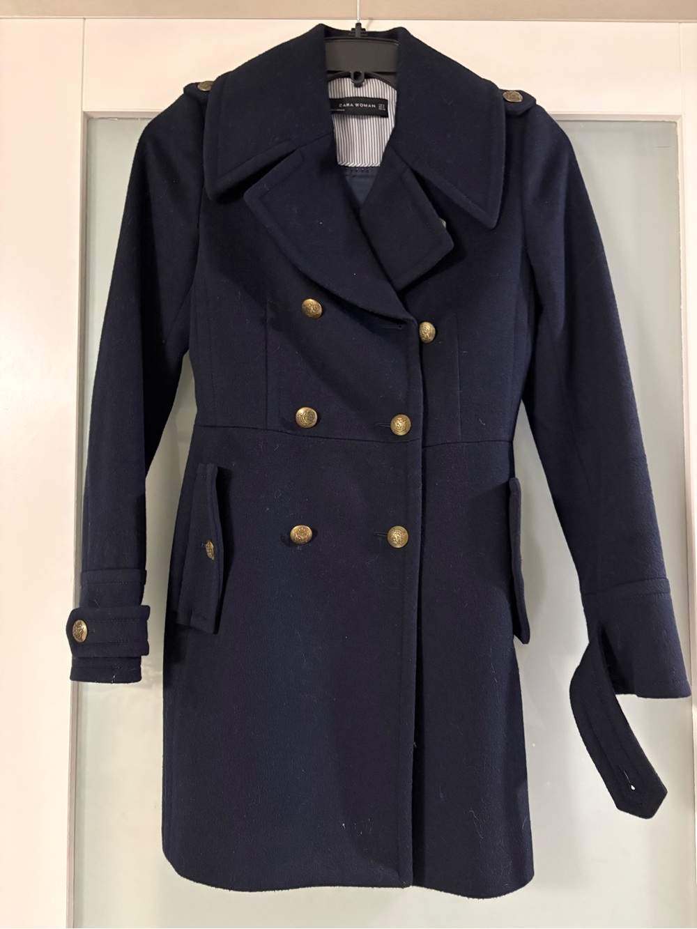Zara Double-Breasted Navy Pea Coat with Gold Buttons